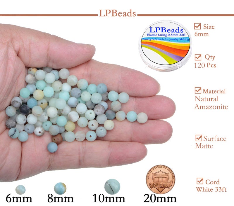 LPBeads 6 مللي متر طبيعي ماتي متعدد الألوان ite أحجار كريمة مستديرة 120 قطعة خرز فضفاض لصنع المجوهرات سوار مع حبل خرز مطاطي LPBeads - Image 2